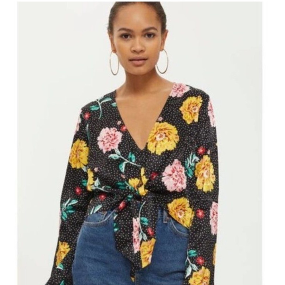 Topshop Black Floral Polka Dot Blouse with Tie Front, Size 6